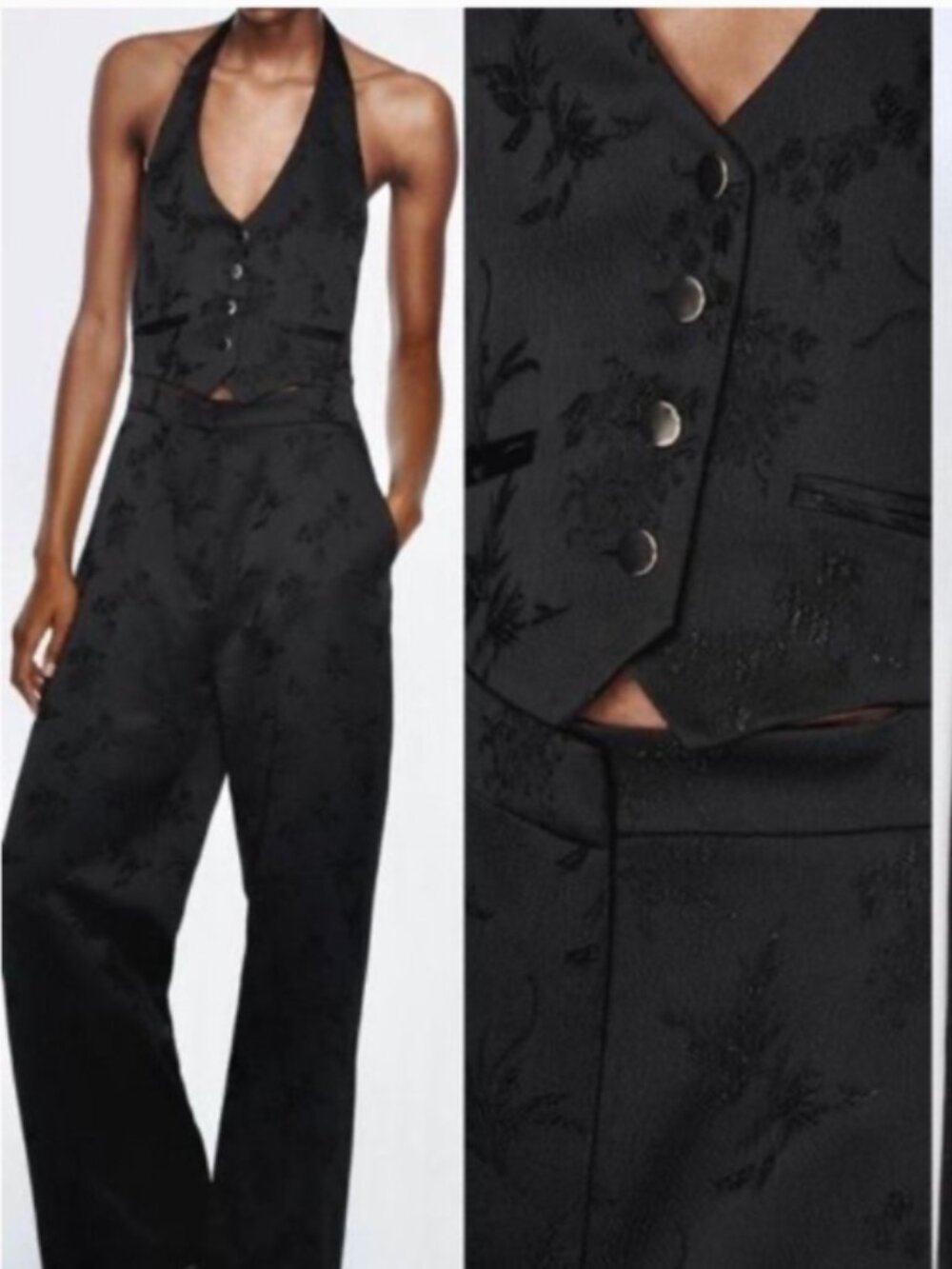 ZARA Black Floral Jacquard One Piece Halter Vest Jumpsuit Cutout Dressy S NWT
